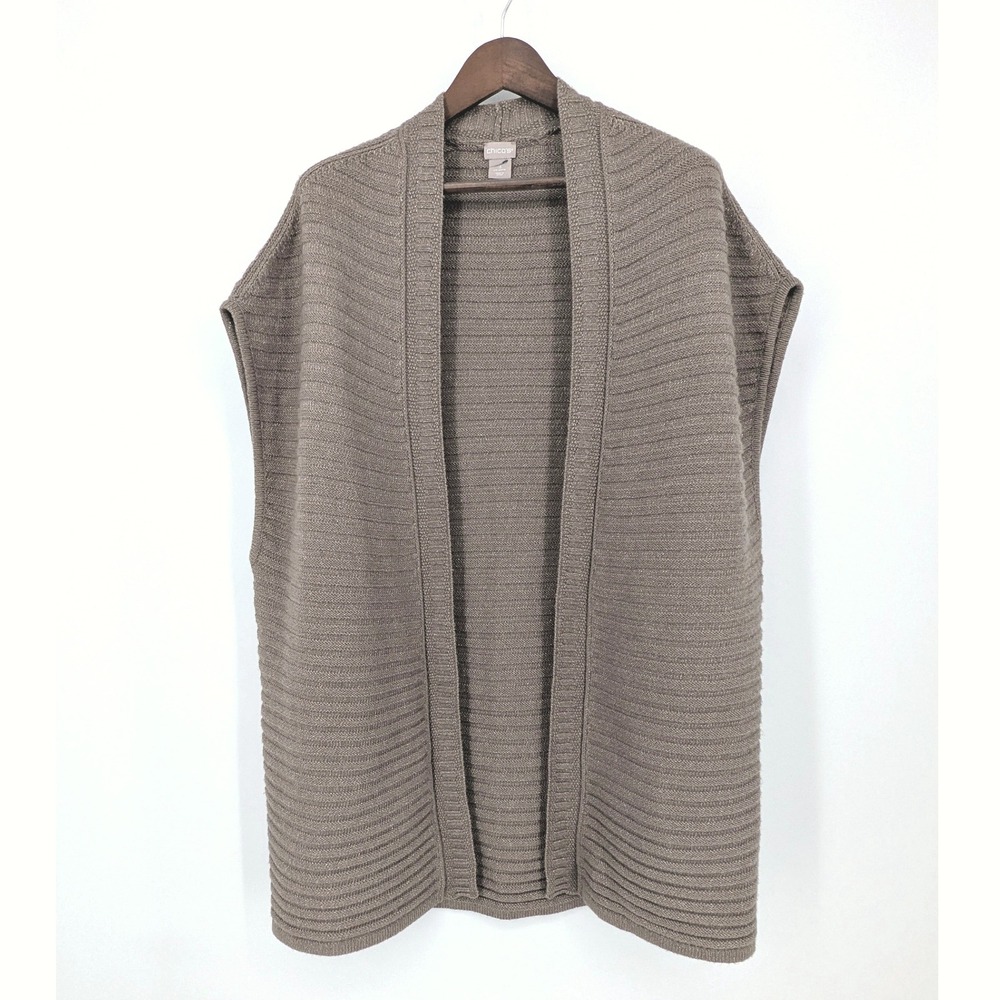 Chico's Size 3 Women's XL Knit Cardigan Sweater Vest Duster Open Tan Lagenlook